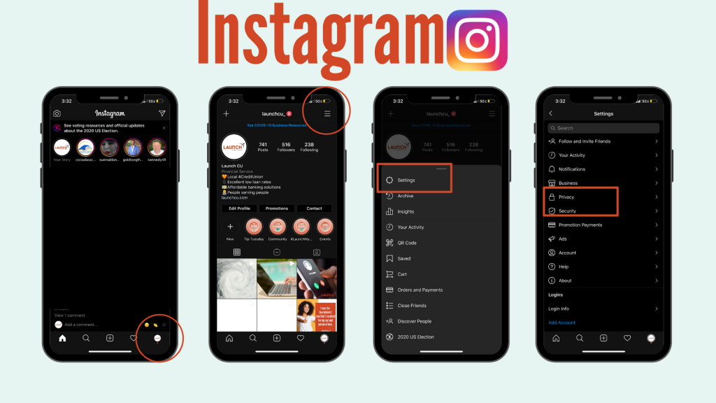 screenshots showing how to set up security settings on Instagram