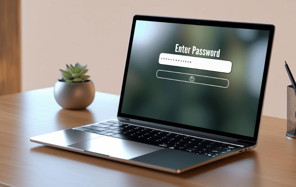 Laptop on a desk. The screen says "Enter Password"