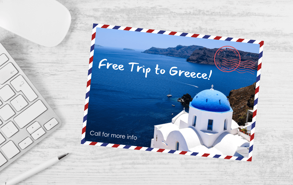 Postcard on a desk that says "Free Trip to Greece. Call for more info."