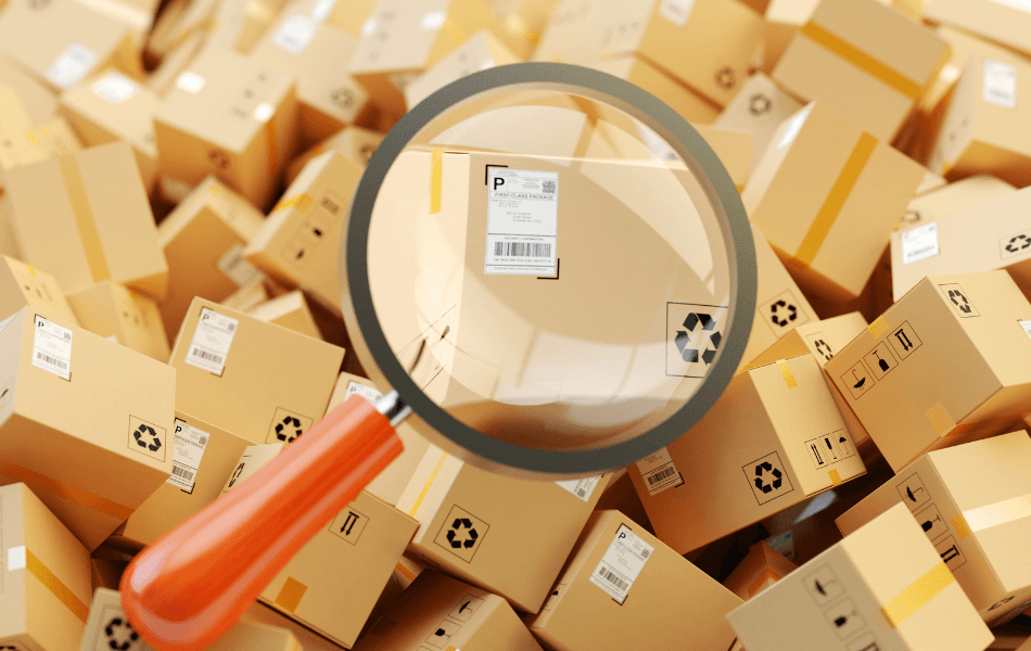 magnifying glass in front of many packages