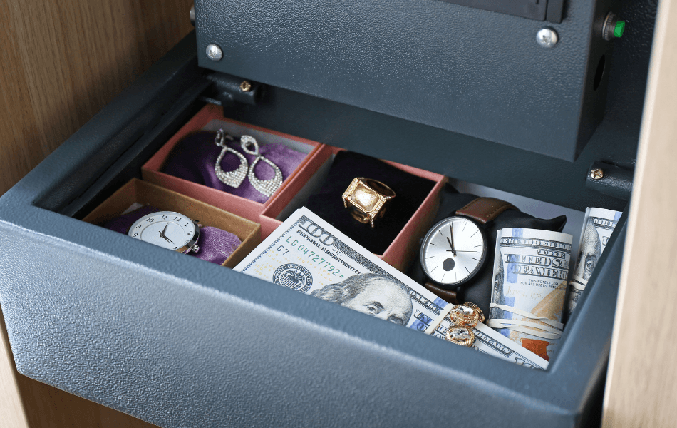 Money and jewelry in a safe