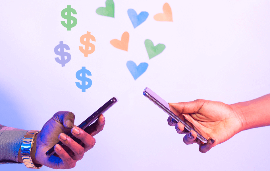 Hand holding a phone with hearts coming up. Another hand holding phone with dollar signs coming up.