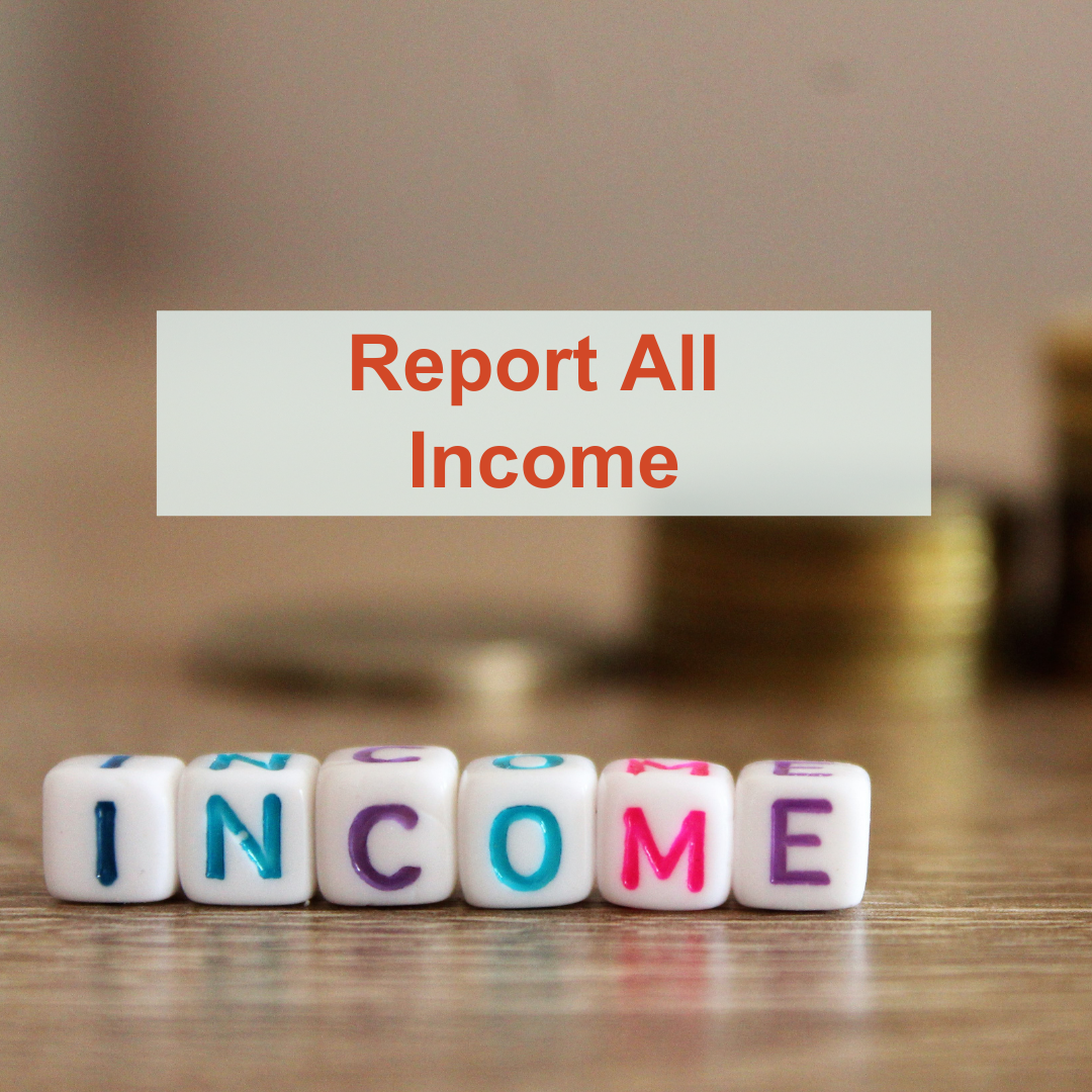 Report All Income Text in front of stacked coins and beads spelling out the word INCOME
