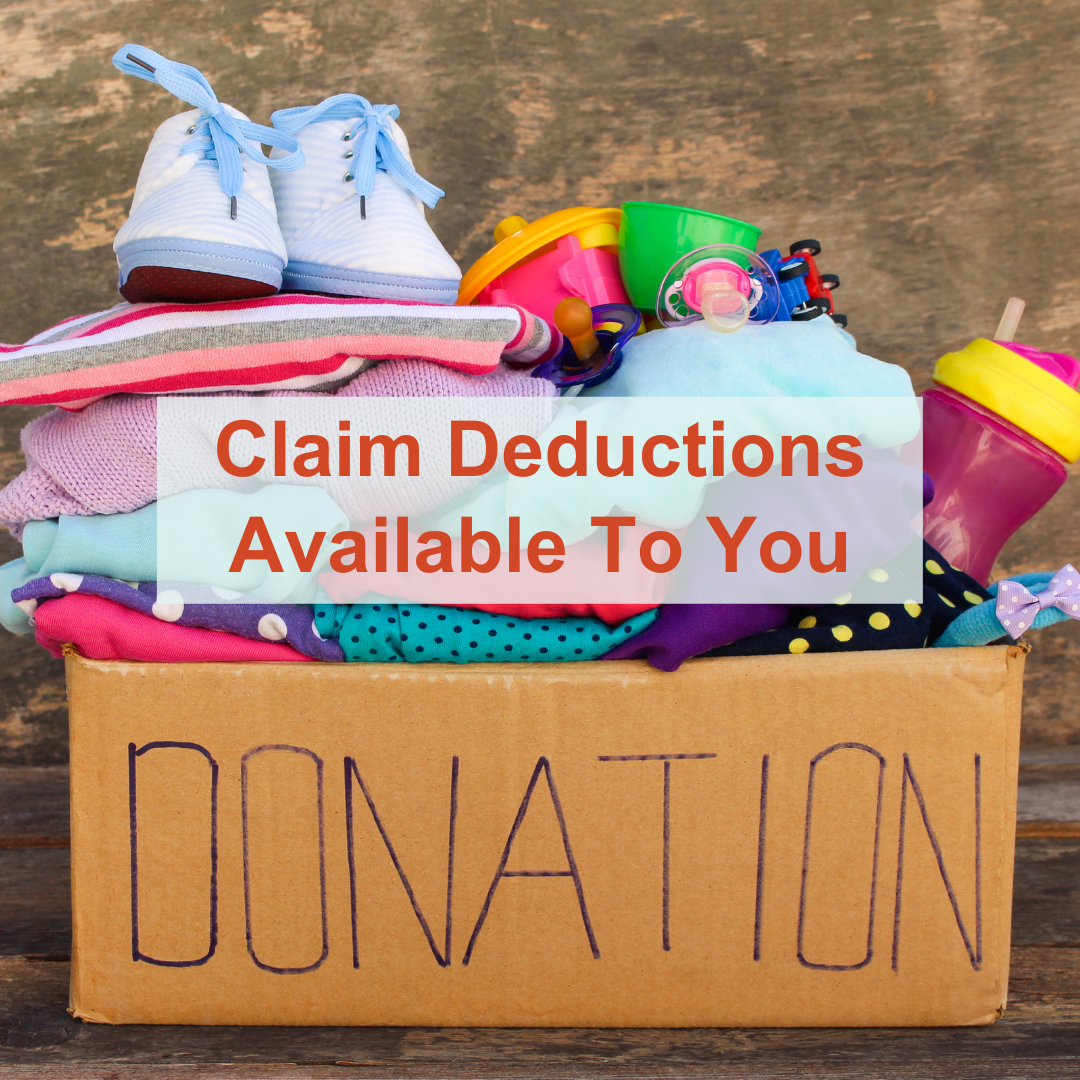 Claim Deductions Available To You text over a box of clothes in a cardboard box