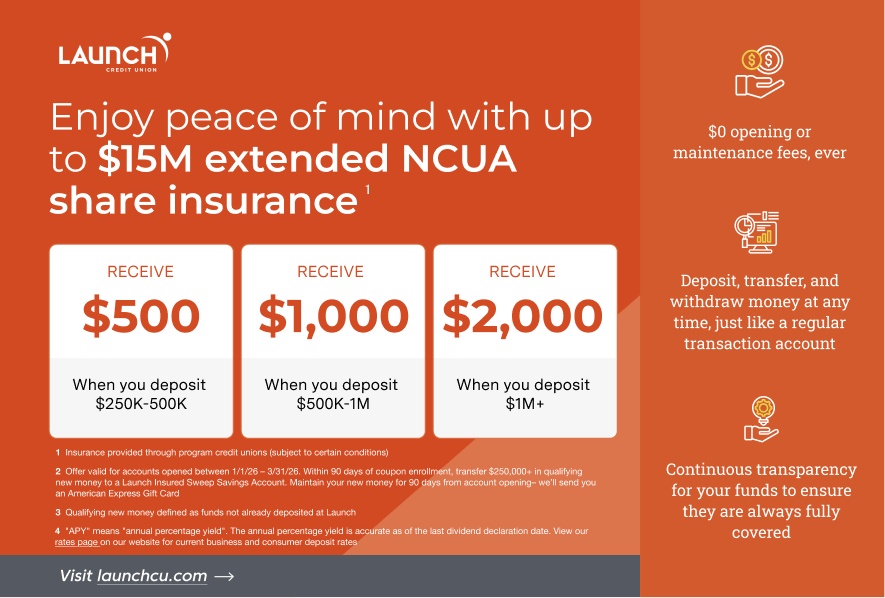 Enjoy peace of mind with up to $15M extended NCUA share insurance*