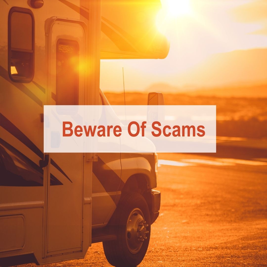 RV facing orange sunset | Beware of Scams